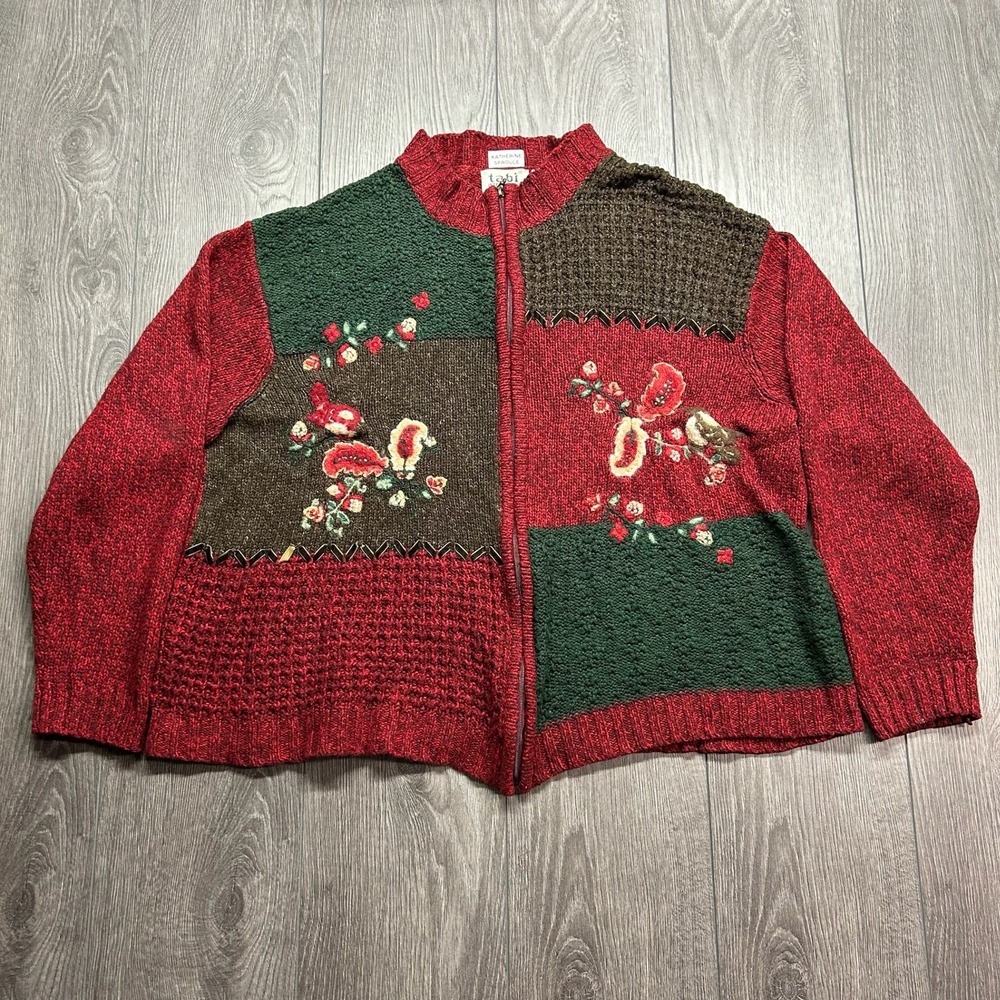 Vintage Tabi International Floral Bird Patchwork Zip Cardigan Sweater Red XL